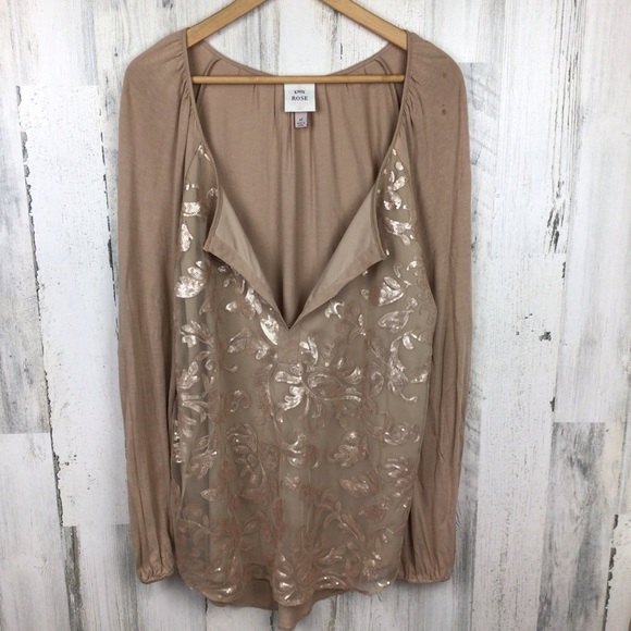 Knox Rose Tops - Knox Rose Blouse Beige Sequins V Neck Tunic Shirt Peasant Bohemian XL.